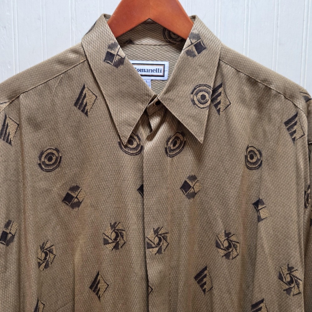 Romanelli Shirt Mens Large Brown Geometric Long Sleeve Button Up Rayon Casual